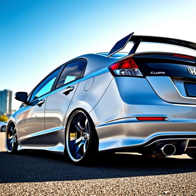 A 2008 Honda Civic G8 styled in a slammed position with chrome 9-inch wide wheels, featuring a Mugen-style rear spoiler