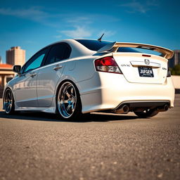A 2008 Honda Civic G8 styled in a slammed position with chrome 9-inch wide wheels, featuring a Mugen-style rear spoiler