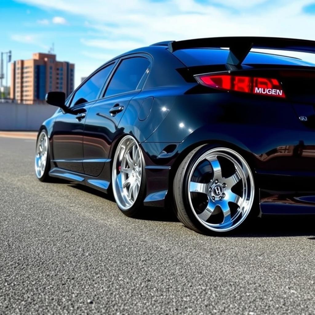 A 2008 Honda Civic G8 styled in a slammed position with chrome 9-inch wide wheels, featuring a Mugen-style rear spoiler