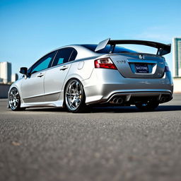 A 2008 Honda Civic G8 styled in a slammed position with chrome 9-inch wide wheels, featuring a Mugen-style rear spoiler