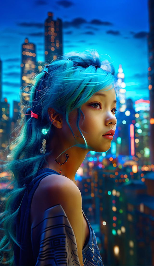 Candid photorealistic image of a Eurasian girl with long, detailed cyan hair and eyes, looking away into a distant cyberpunk city at sunset, with artificial neon light from shop signs mixing with the natural light. She has a small button nose and a full pink upper lip.