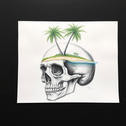 A realistic hand drawing of a skull with a small tropical island resting on top of it
