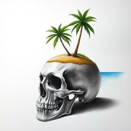 A realistic hand drawing of a skull with a small tropical island resting on top of it