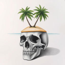 A realistic hand drawing of a skull with a small tropical island resting on top of it