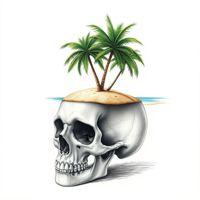 A realistic hand drawing of a skull with a small tropical island resting on top of it