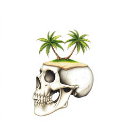 A realistic hand drawing of a skull, with a small tropical island delicately perched on top of it