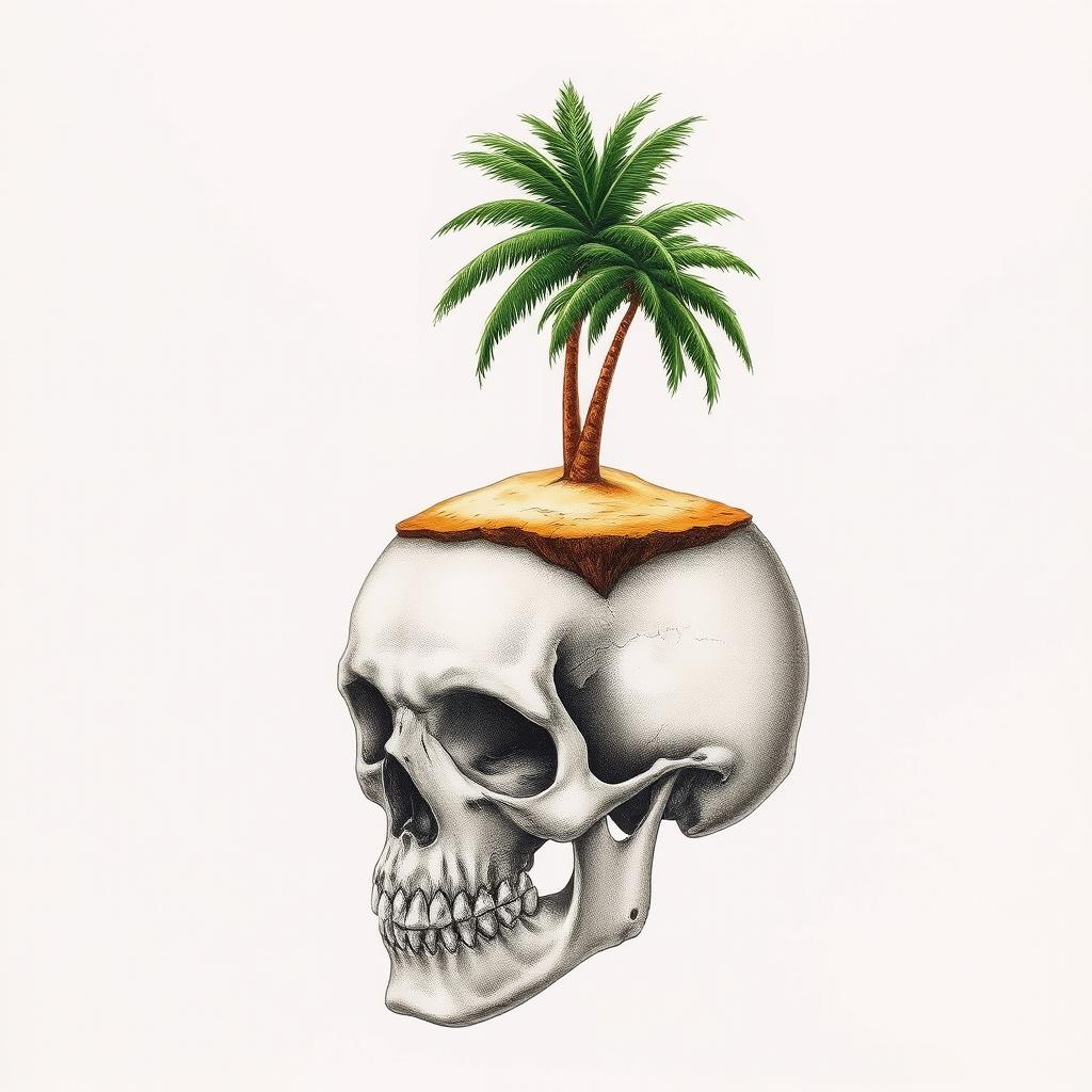 A realistic hand drawing of a skull, with a small tropical island delicately perched on top of it