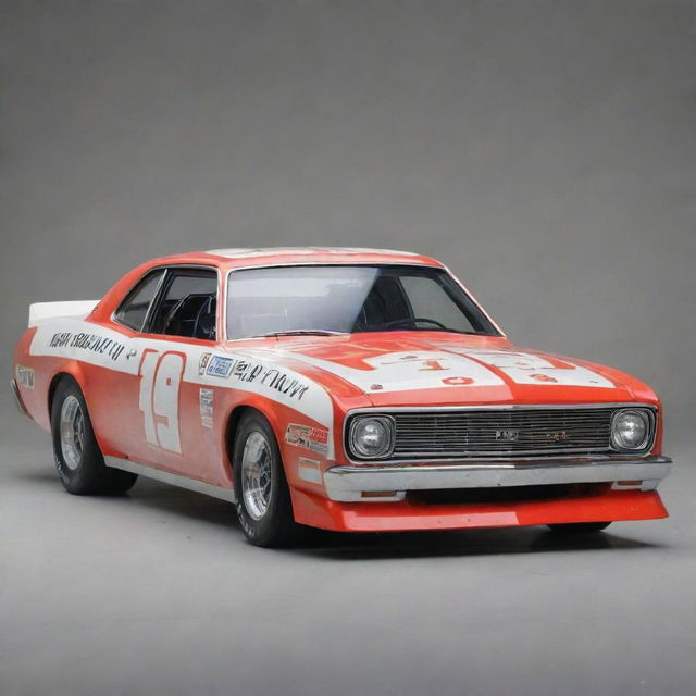 A NASCAR car from the 1970s, capturing the unique vibe of the racing world during this era. It features a long, sleek body, heavy-duty steel bumpers, large round headlights, bold racing numbers, and the distinct roar of a powerful V8 engine