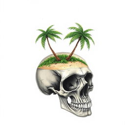 A realistic hand drawing of a skull, with a small tropical island delicately perched on top of it