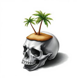 A realistic hand drawing of a skull, with a small tropical island delicately perched on top of it
