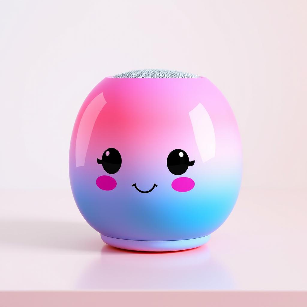 A charming speaker designed in the shape of a head, featuring a captivating gradient color scheme that transitions smoothly from pink to blue