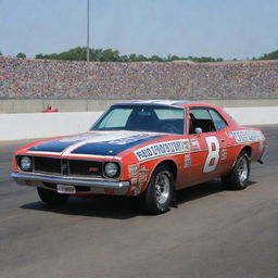 A NASCAR car from the 1970s, capturing the unique vibe of the racing world during this era. It features a long, sleek body, heavy-duty steel bumpers, large round headlights, bold racing numbers, and the distinct roar of a powerful V8 engine