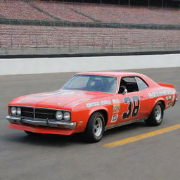 A NASCAR car from the 1970s, capturing the unique vibe of the racing world during this era. It features a long, sleek body, heavy-duty steel bumpers, large round headlights, bold racing numbers, and the distinct roar of a powerful V8 engine