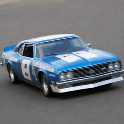 A NASCAR car from the 1970s, capturing the unique vibe of the racing world during this era. It features a long, sleek body, heavy-duty steel bumpers, large round headlights, bold racing numbers, and the distinct roar of a powerful V8 engine