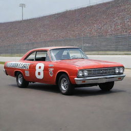 A NASCAR car from the 1960s, embracing the charm of the golden age of stock car racing. The car showcases a long, muscular body, chrome finishes, round headlights, classic wheel design, and the vibrant rumble of a powerful gasoline engine