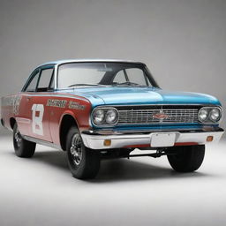 A NASCAR car from the 1960s, embracing the charm of the golden age of stock car racing. The car showcases a long, muscular body, chrome finishes, round headlights, classic wheel design, and the vibrant rumble of a powerful gasoline engine