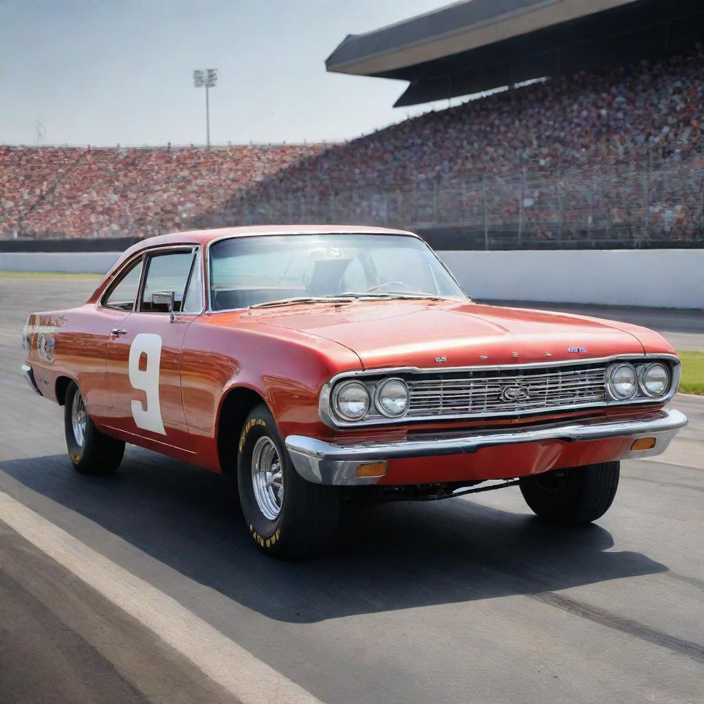 A NASCAR car from the 1960s, embracing the charm of the golden age of stock car racing. The car showcases a long, muscular body, chrome finishes, round headlights, classic wheel design, and the vibrant rumble of a powerful gasoline engine