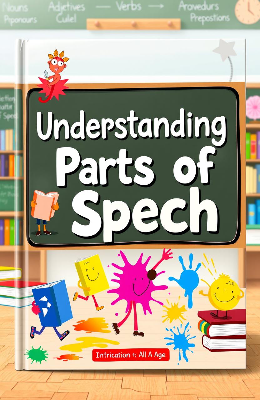 An engaging and colorful book cover designed for a book about parts of speech