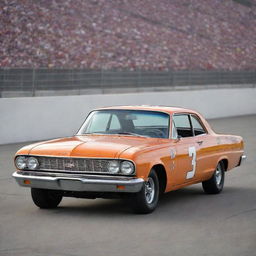 A NASCAR car from the 1960s, embracing the charm of the golden age of stock car racing. The car showcases a long, muscular body, chrome finishes, round headlights, classic wheel design, and the vibrant rumble of a powerful gasoline engine