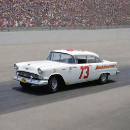 A NASCAR car from the 1950s, epitomizing the roots of stock car racing. The car features a rounded, robust body, classic grilles and bumpers, protruding fenders, vintage whitewall tires, and the iconic hum of a vintage V8 engine