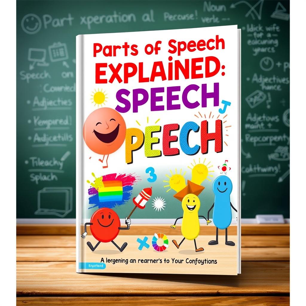 A visually appealing book cover for a book titled 'Parts of Speech Explained'