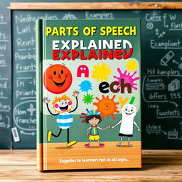 A visually appealing book cover for a book titled 'Parts of Speech Explained'