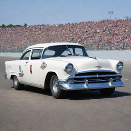 A NASCAR car from the 1950s, epitomizing the roots of stock car racing. The car features a rounded, robust body, classic grilles and bumpers, protruding fenders, vintage whitewall tires, and the iconic hum of a vintage V8 engine