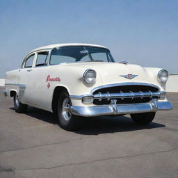 A NASCAR car from the 1950s, epitomizing the roots of stock car racing. The car features a rounded, robust body, classic grilles and bumpers, protruding fenders, vintage whitewall tires, and the iconic hum of a vintage V8 engine