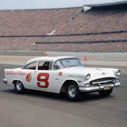 A NASCAR car from the 1950s, epitomizing the roots of stock car racing. The car features a rounded, robust body, classic grilles and bumpers, protruding fenders, vintage whitewall tires, and the iconic hum of a vintage V8 engine