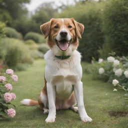 A lifelike image of a happy, playful dog in a peaceful garden setting.