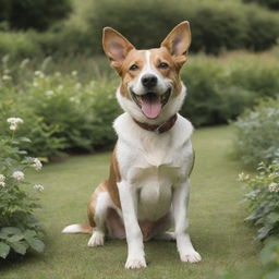 A lifelike image of a happy, playful dog in a peaceful garden setting.