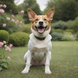 A lifelike image of a happy, playful dog in a peaceful garden setting.