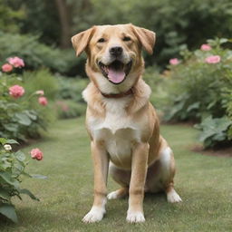 A lifelike image of a happy, playful dog in a peaceful garden setting.