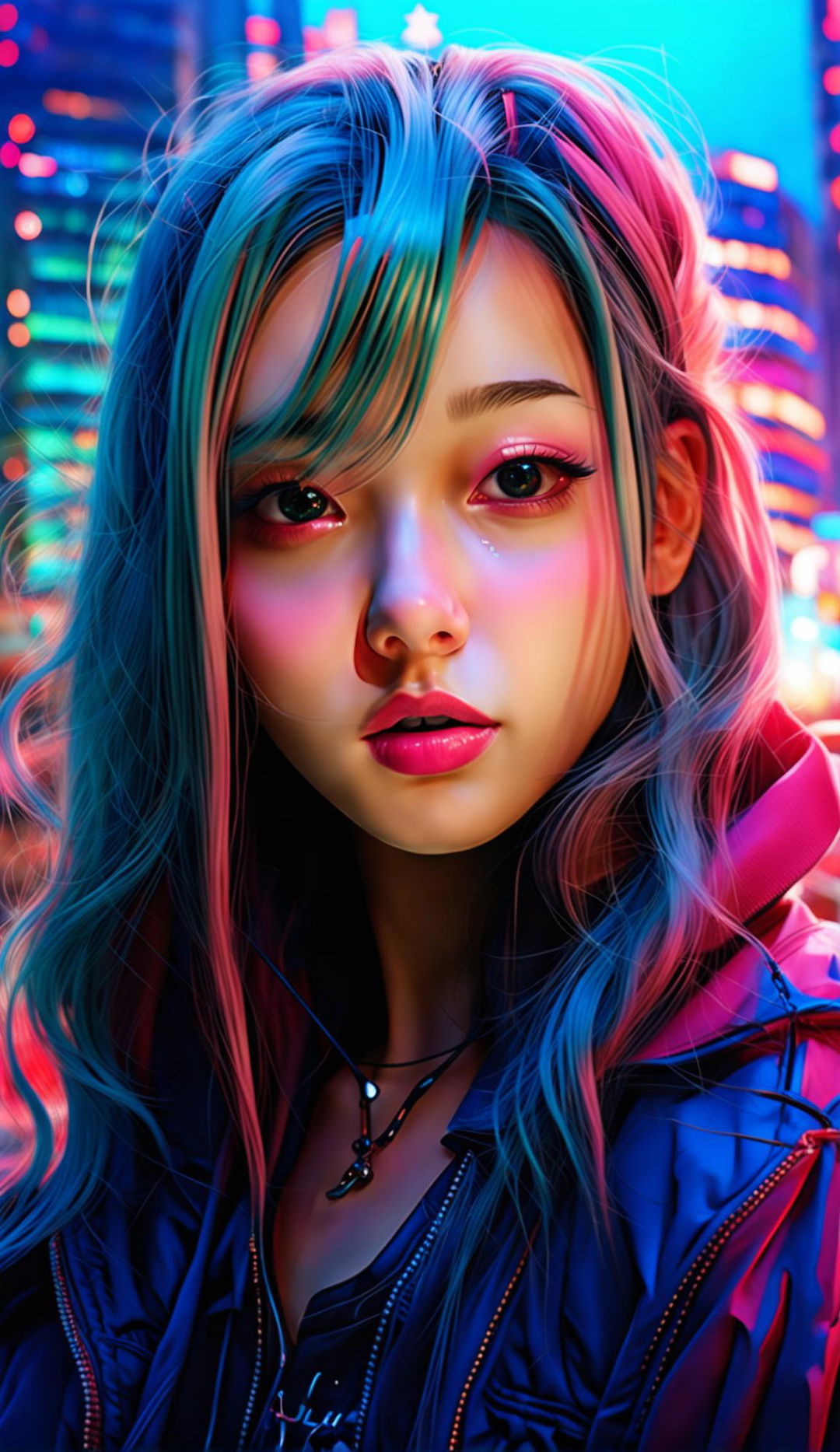 Photorealistic candid photograph of a beautiful teenage girl with detailed cyan hair and light pink doe eyes looking into a distant cyberpunk city under mixed sunset and neon lighting.