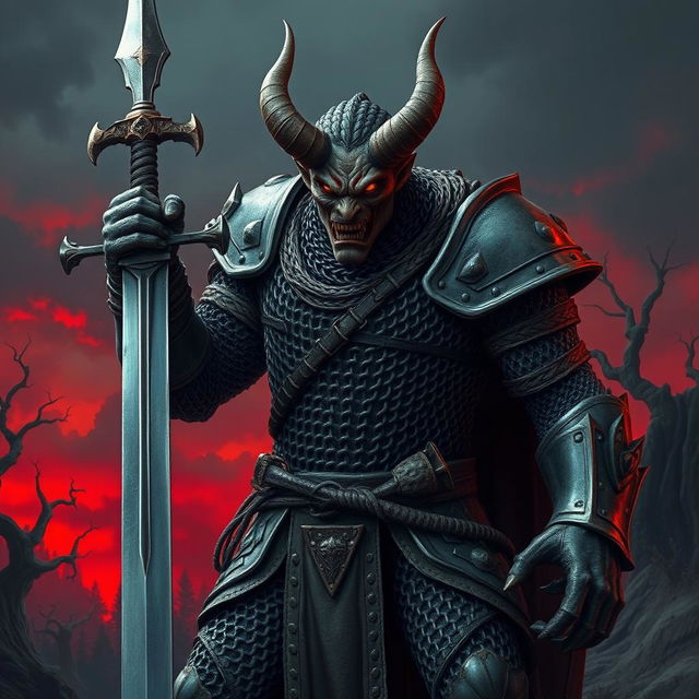 A tall demon warrior clad in shining chainmail armor, wielding a formidable sword