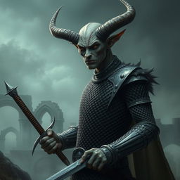 A tall, slender demon with human-like features, wearing a gleaming chainmail armor