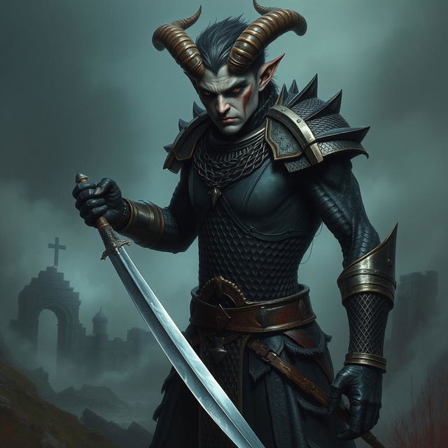 A tall, slender demon with human-like features, wearing a gleaming chainmail armor