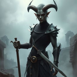 A tall, slender demon with human-like features, wearing a gleaming chainmail armor