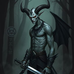 A tall, slender demon with human-like features and no horns, resembling a pale human adorned with arcane tattoos that glow faintly on its skin