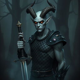 A tall, slender demon with human-like features and no horns, resembling a pale human adorned with arcane tattoos illuminating in subtle hues across its skin
