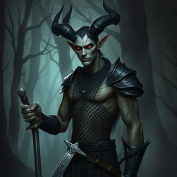 A tall, slender demon with human-like features and no horns, resembling a pale human adorned with arcane tattoos illuminating in subtle hues across its skin