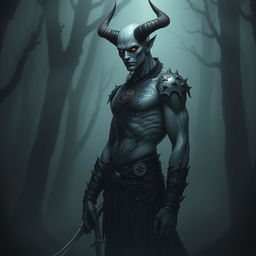 A tall, slender demon with human-like features and no horns, resembling a pale human adorned with arcane tattoos illuminating in subtle hues across its skin