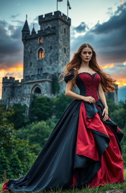 A stunning scene featuring an ancient castle in the background, surrounded by lush greenery and dramatic skies