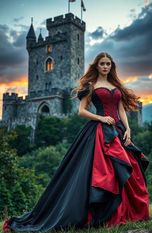 A stunning scene featuring an ancient castle in the background, surrounded by lush greenery and dramatic skies