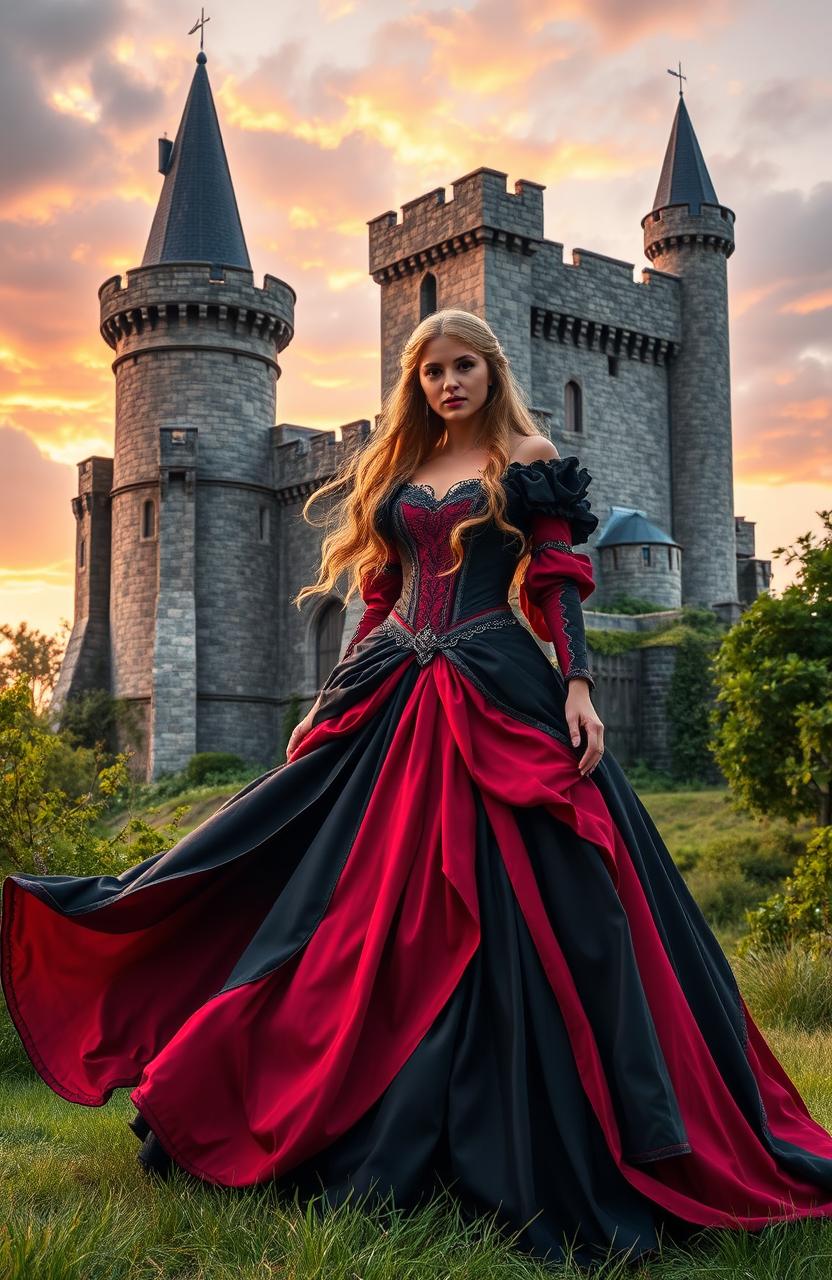 A stunning scene featuring an ancient castle in the background, surrounded by lush greenery and dramatic skies