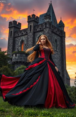 A stunning scene featuring an ancient castle in the background, surrounded by lush greenery and dramatic skies