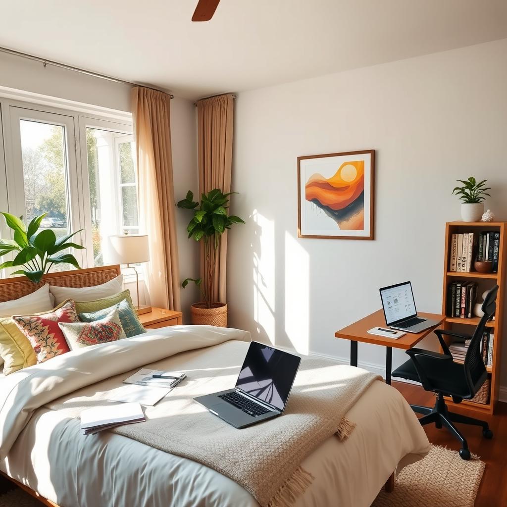 A beautifully designed guest room that also serves as an office