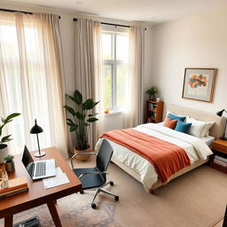 A beautifully designed guest room that also serves as an office