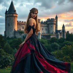 A captivating scene featuring an ancient castle in the background, surrounded by lush greenery and a dramatic sky