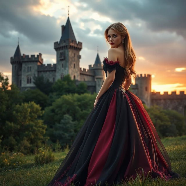 A captivating scene featuring an ancient castle in the background, surrounded by lush greenery and a dramatic sky